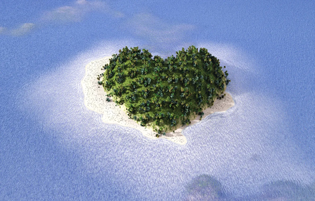 Фото обои песок, море, тропики, пальмы, берег, остров, сердечко, вид сверху