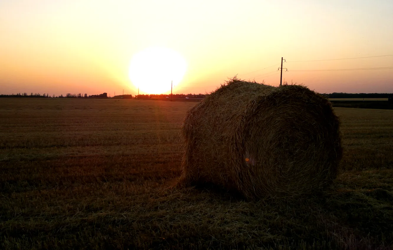 Фото обои поле, лето, закат, вечер, сено, тюк