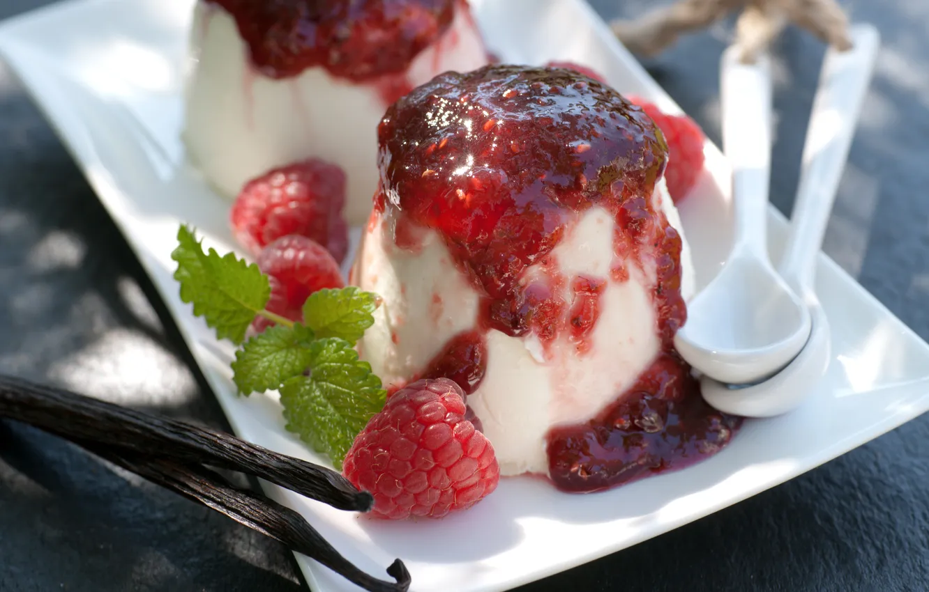 Фото обои десерт, джем, dessert, berries, jam, raspberries, листики мяты, mint leaves