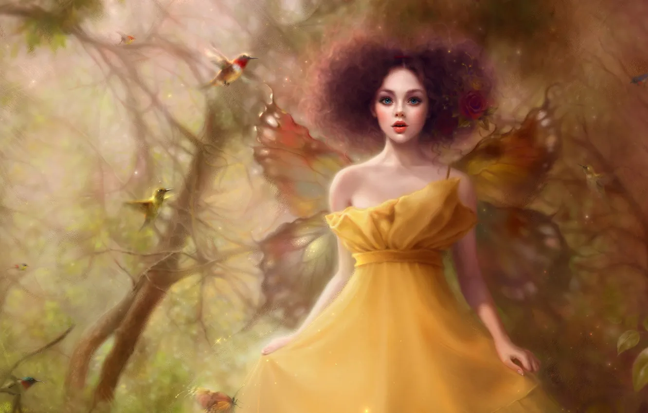 Фото обои девушка, птицы, крылья, fantasy, magic forest