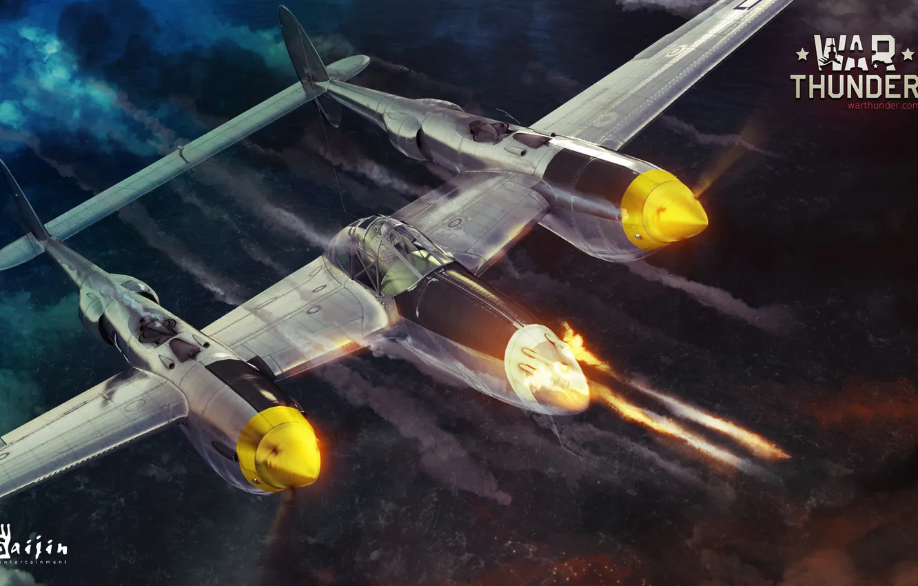 Фото обои небо, самолет, стрельба, Lockheed P-38 Lightning, военная, War Thunder, Gaijin Entertainment, ММО