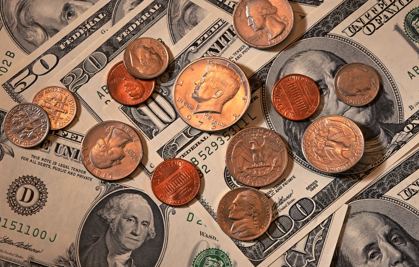 Фото обои Eagle, Benjamin Franklin, Washington, money, dollars, coins