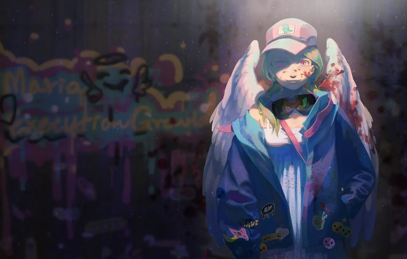 Фото обои девушка, ночь, сияние, граффити, ангел