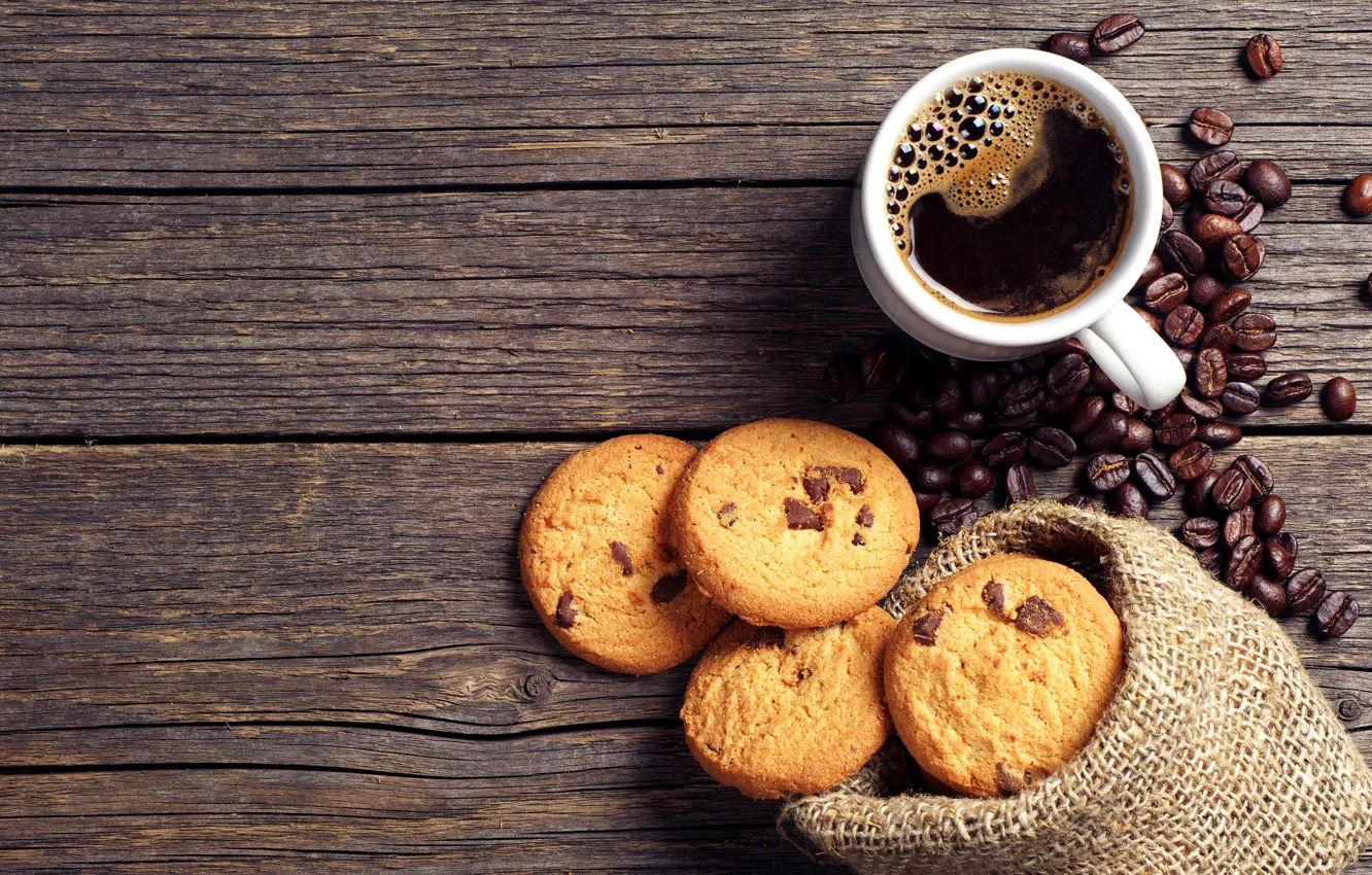 Фото обои кофе, шоколад, зерна, печенье, чашка, мешочек