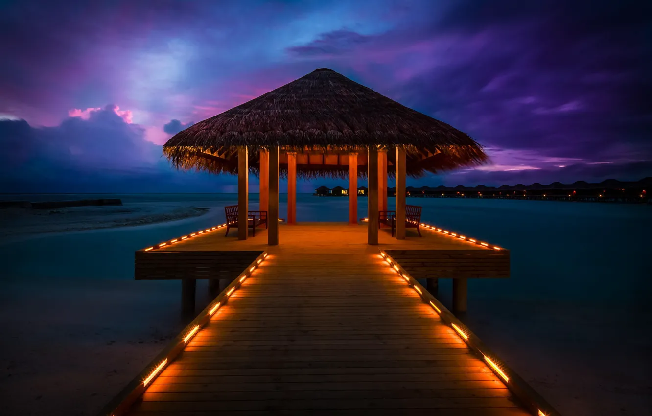 Фото обои закат, океан, пирс, бунгало, Maldives, Anantara Resort