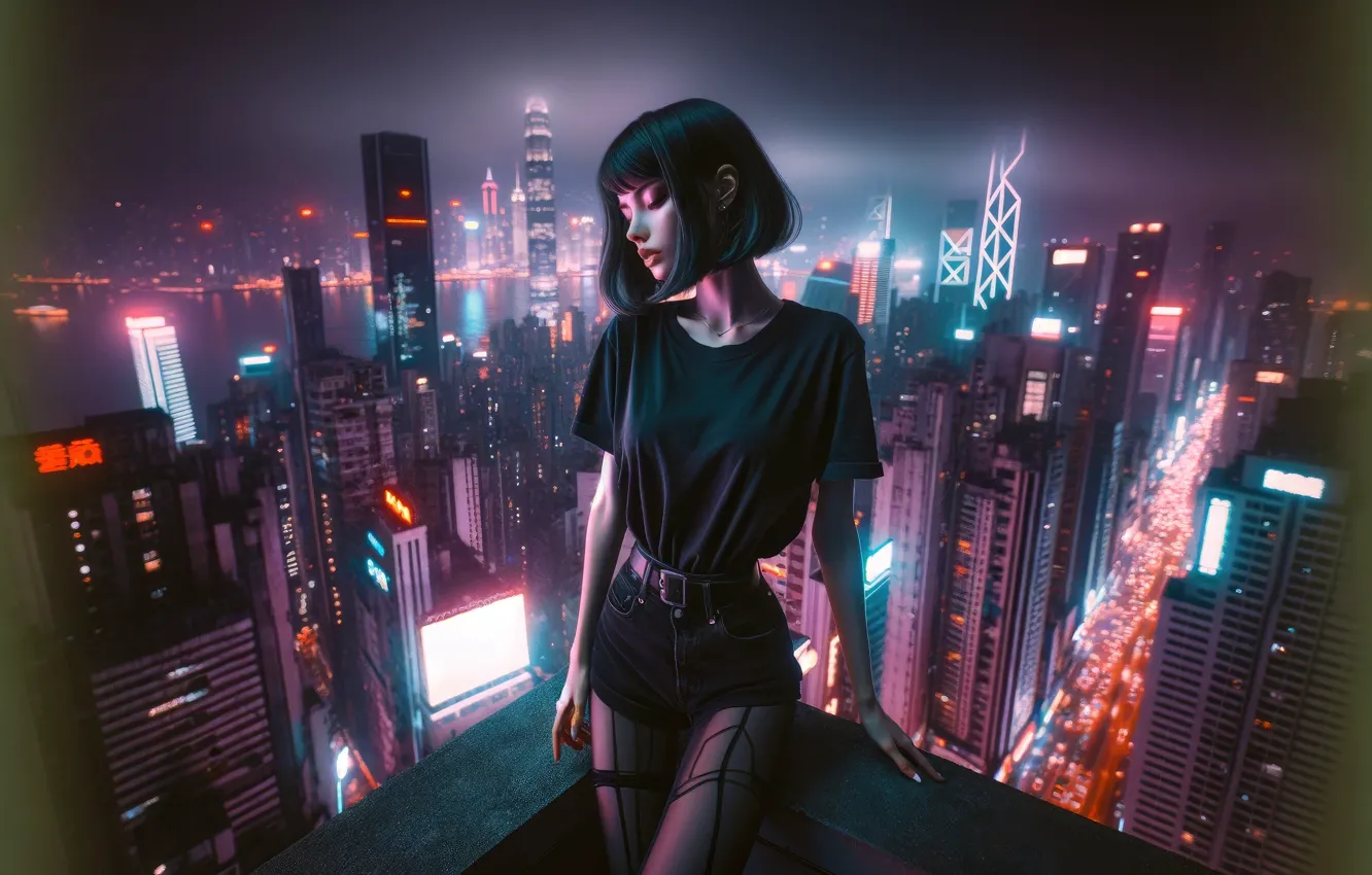 Фото обои girl, short hair, neon, asian