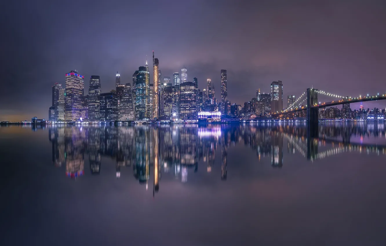 Фото обои мост, пролив, отражение, река, здания, Нью-Йорк, Бруклинский мост, ночной город