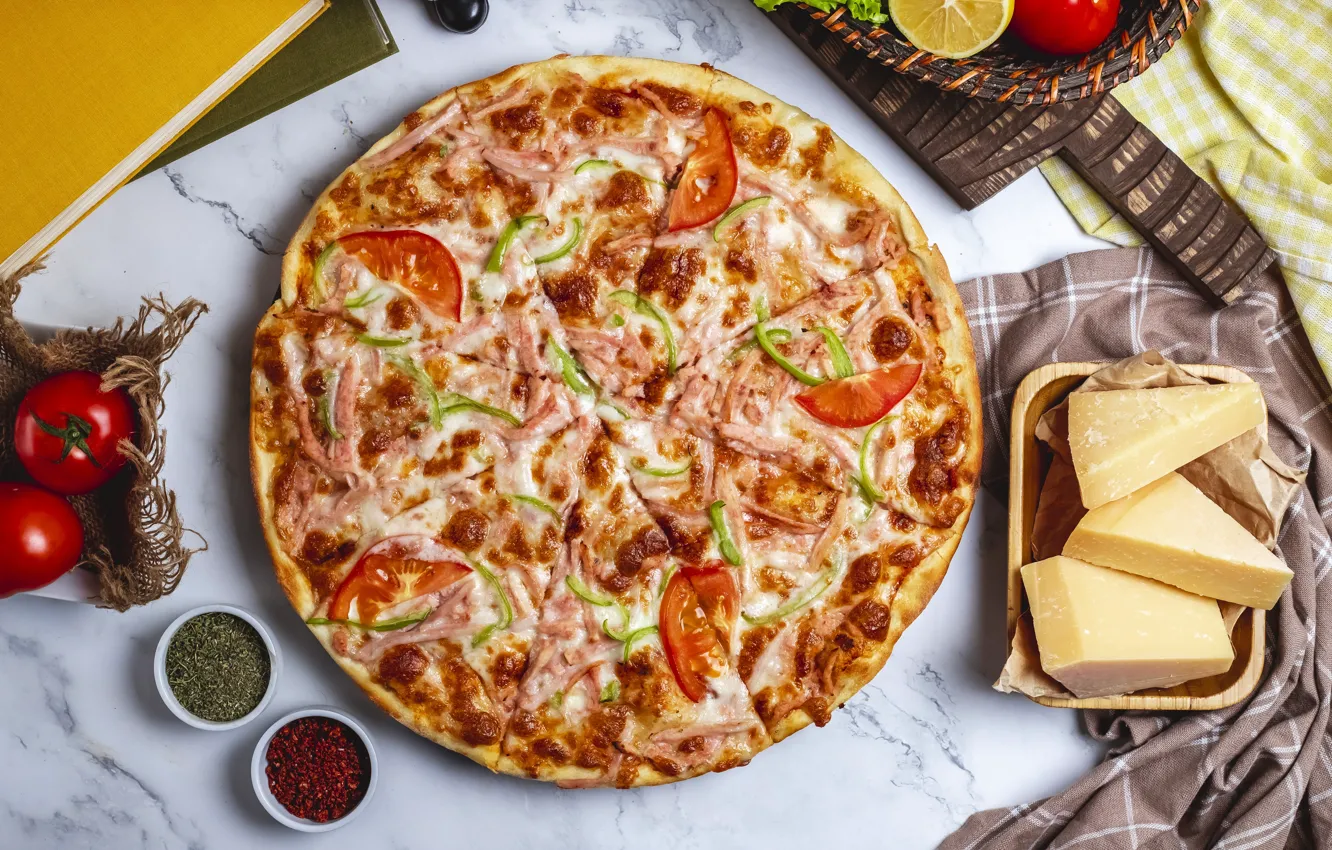 Фото обои стол, сыр, овощи, пицца