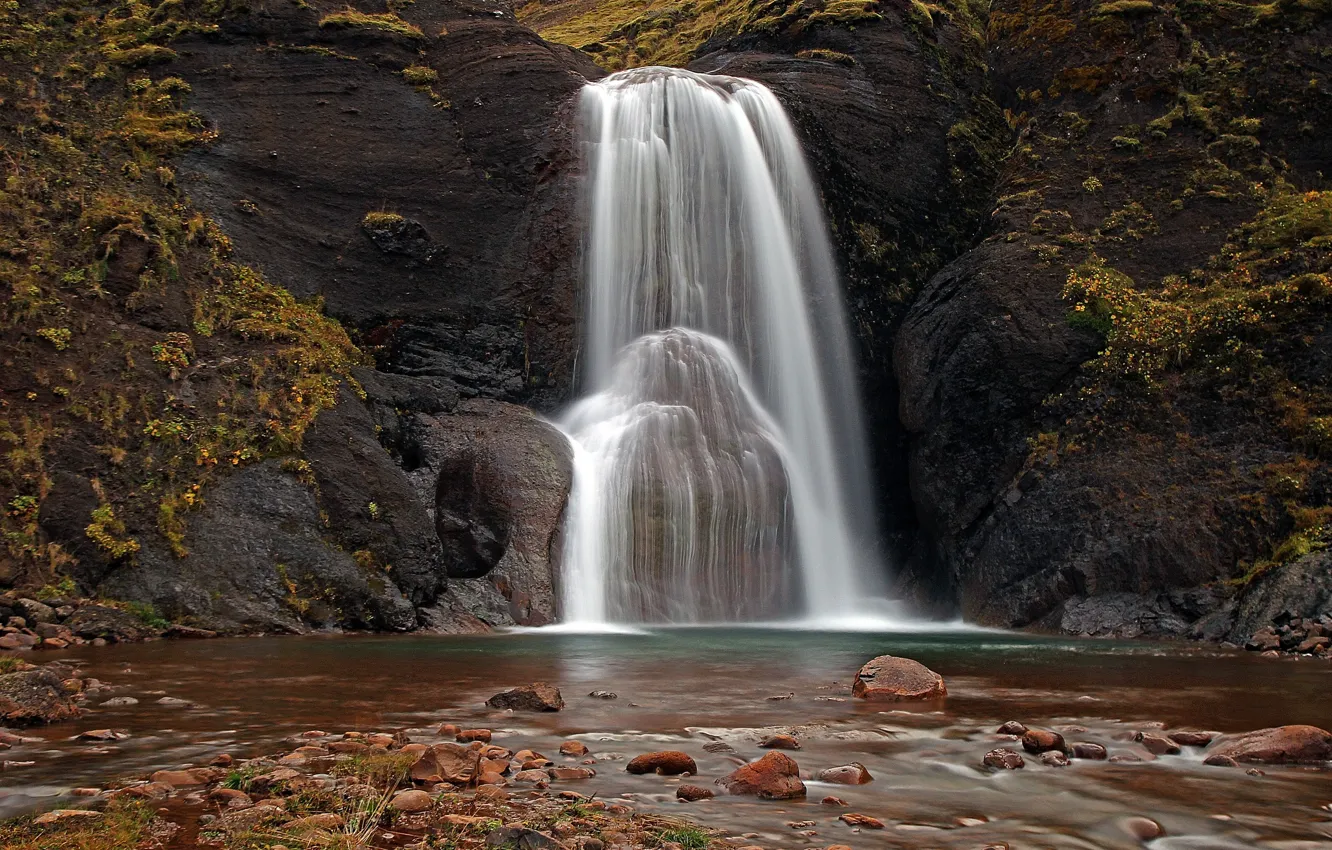 Фото обои осень, природа, скала, река, камни, водопад