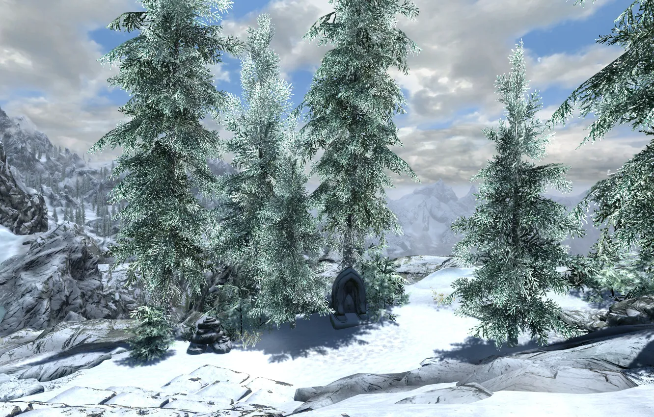 Фото обои снег, ели, snow, skyrim, скайрим, tes 5, fir trees, высокий хротгар