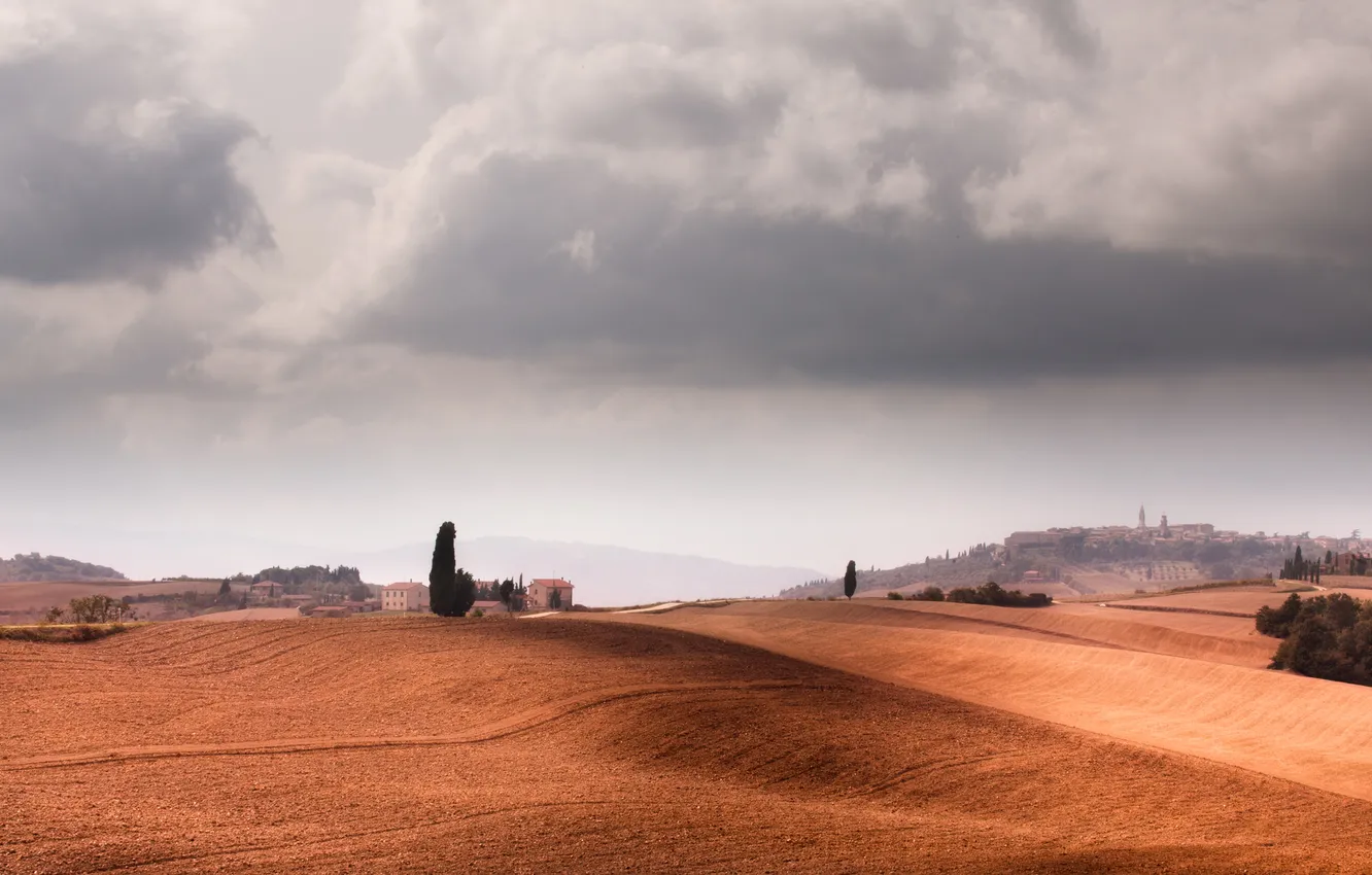 Фото обои поле, деревья, холмы, дома, Италия, Тоскана