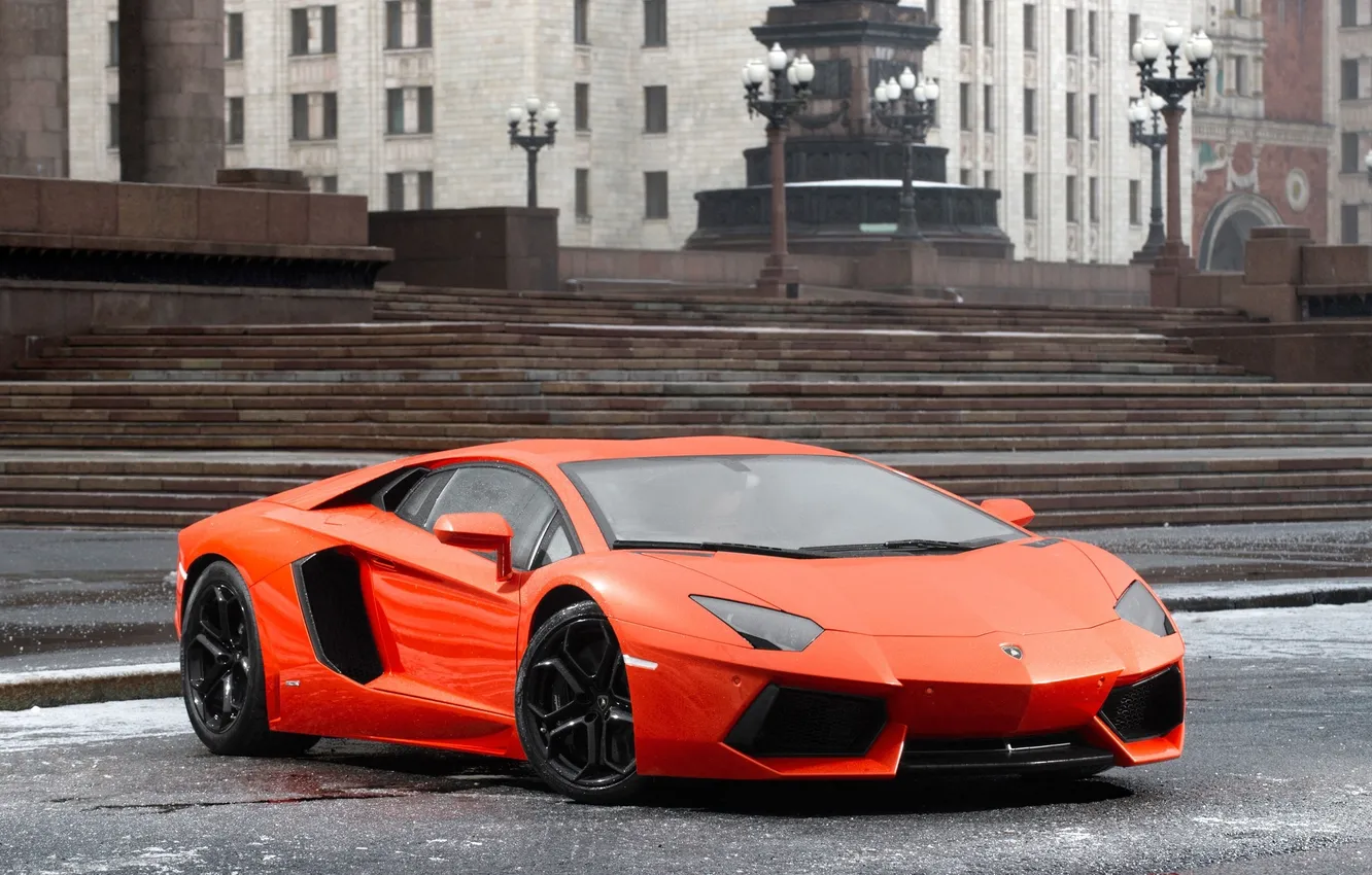 Фото обои Авто, Lamborghini, Оранжевый, Суперкар, LP700-4, Aventador, Передок, Пасмурно