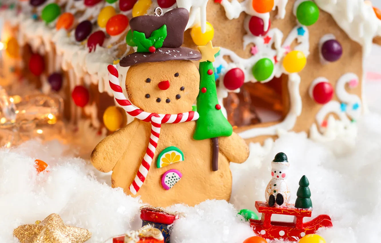 Фото обои зима, праздник, игрушки, шоколад, печенье, Рождество, конфеты, человечек