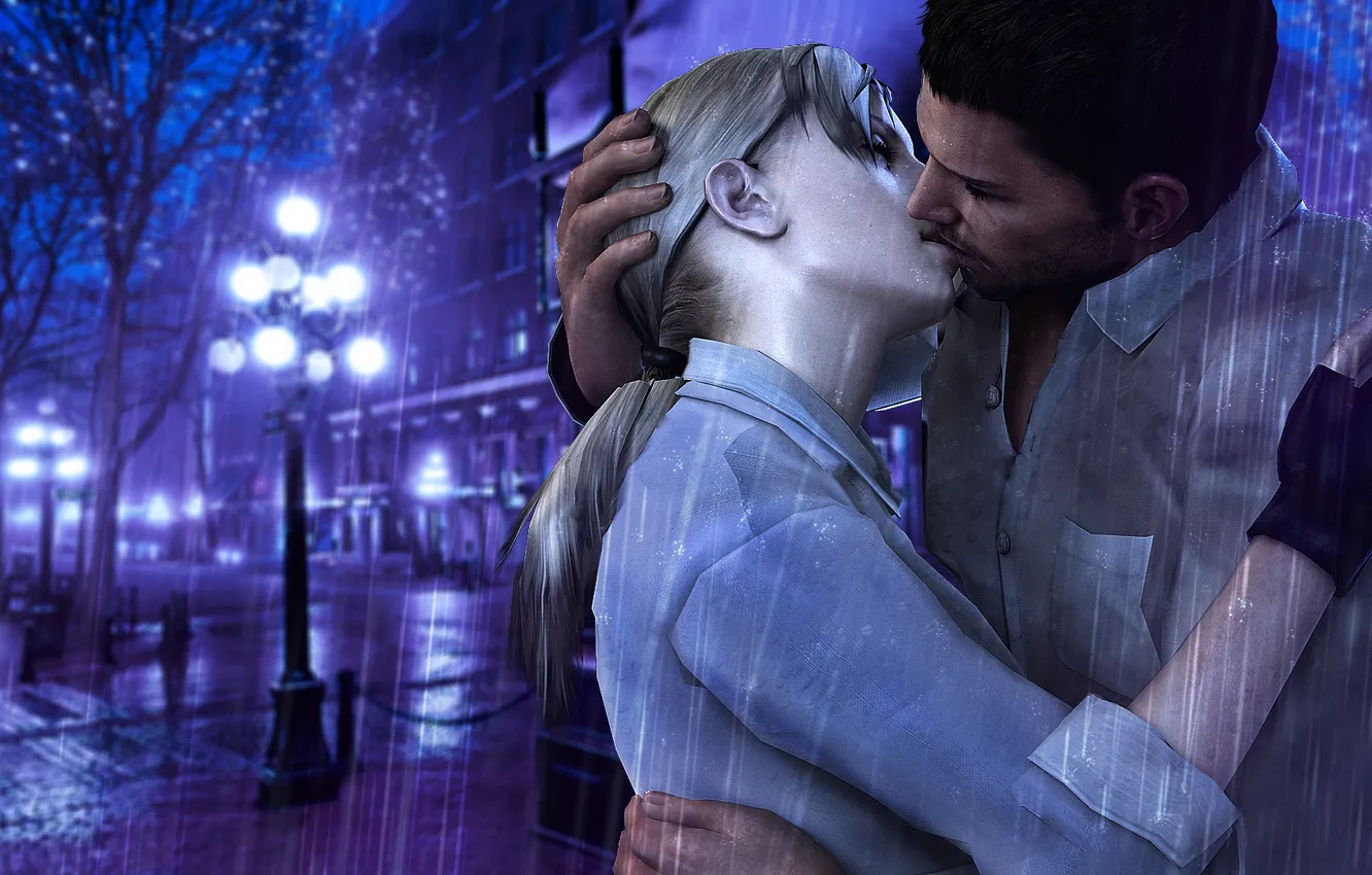 Фото обои дождь, поцелуй, rain, Resident Evil, kiss, fanart, Jill Valentine, Chris Redfield