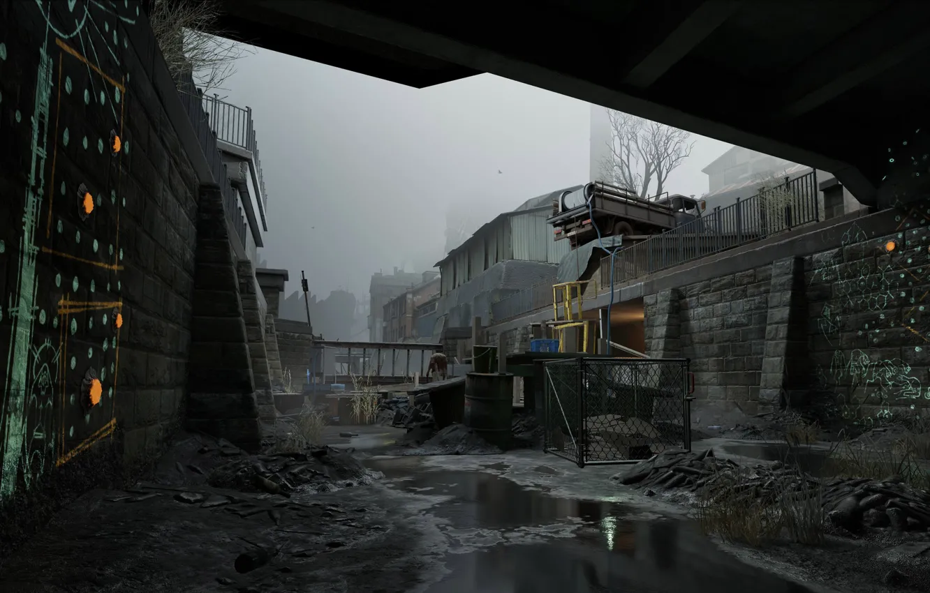 Фото обои вода, мост, туман, стены, руины, графити, Half-Life Alyx