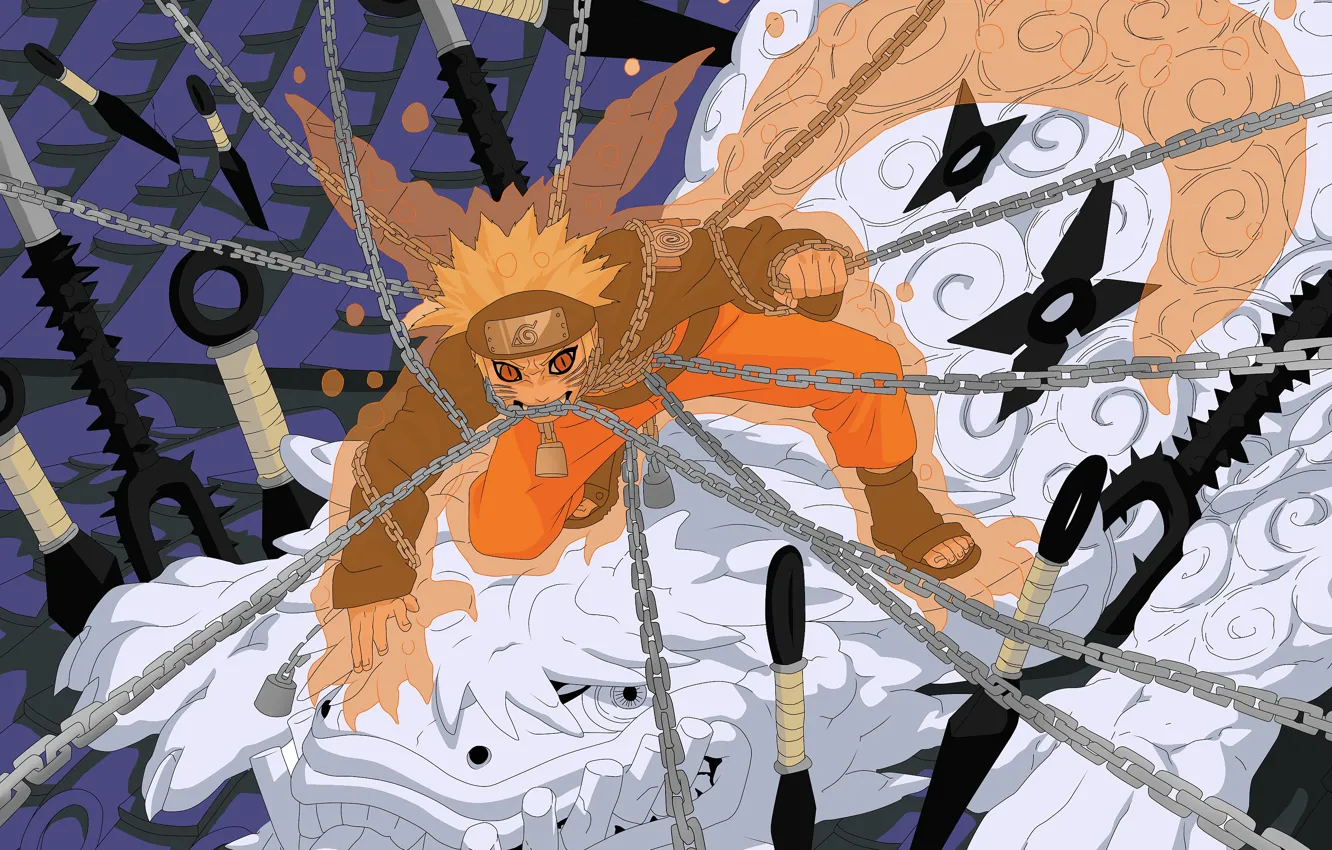 Фото обои цепи, naruto, manga, Uzumaki Naruto, Jinchuriki, кунаи, покров девятихвостого