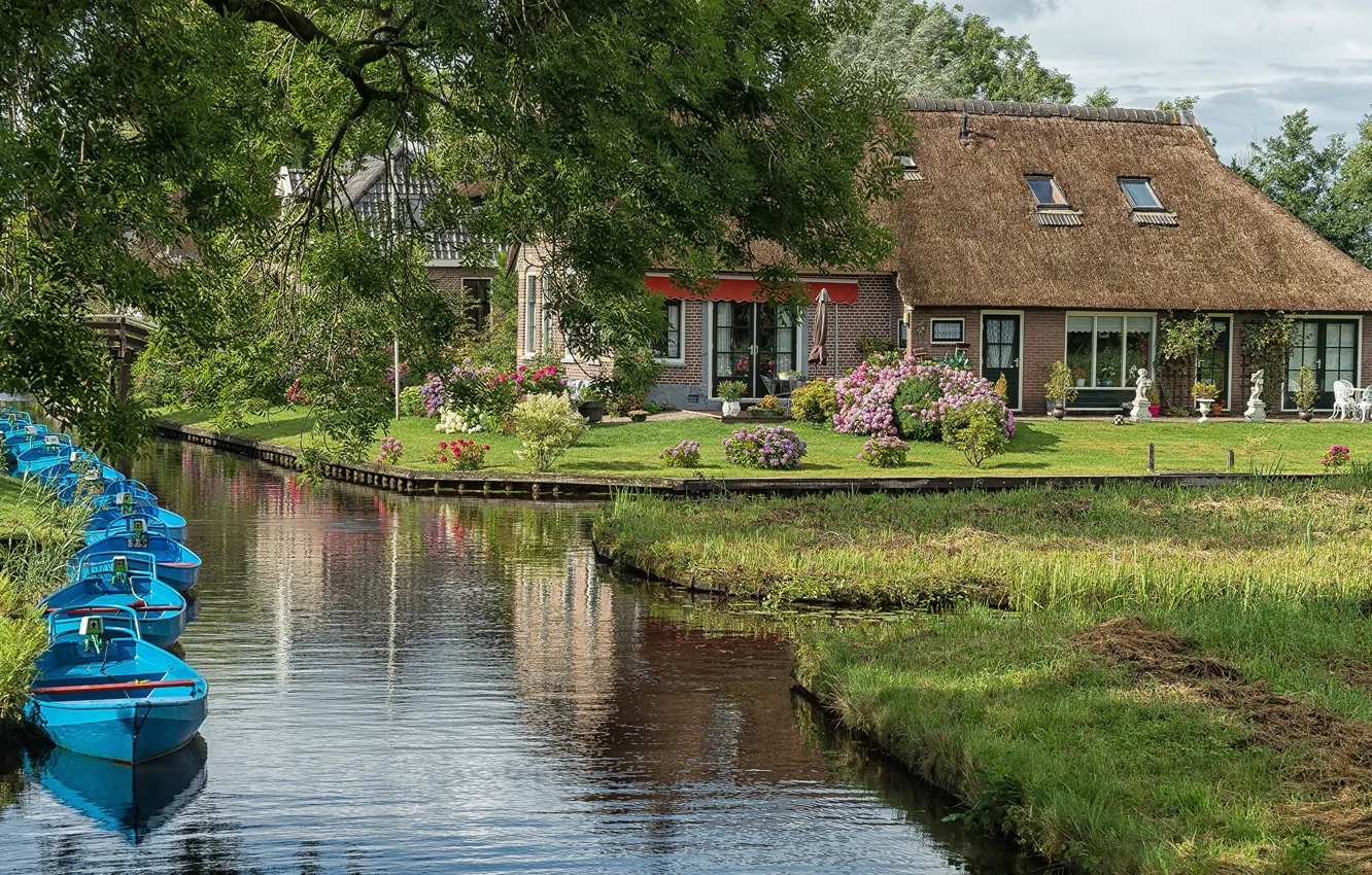 Фото обои город, пруд, фото, дома, лодки, Netherlands, Giethoorn