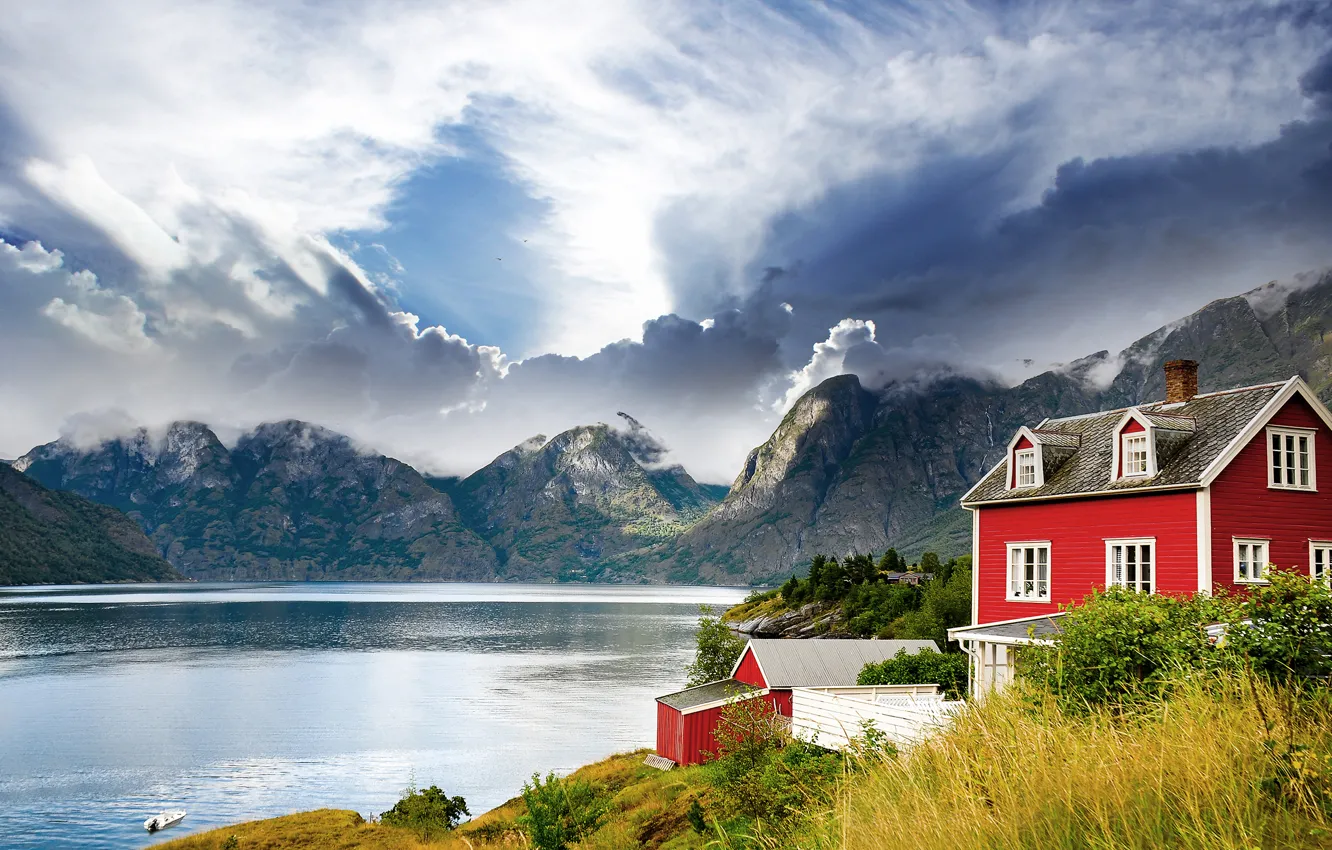 Фото обои пейзаж, горы, озеро, дом, Норвегия, Norway, фьорд