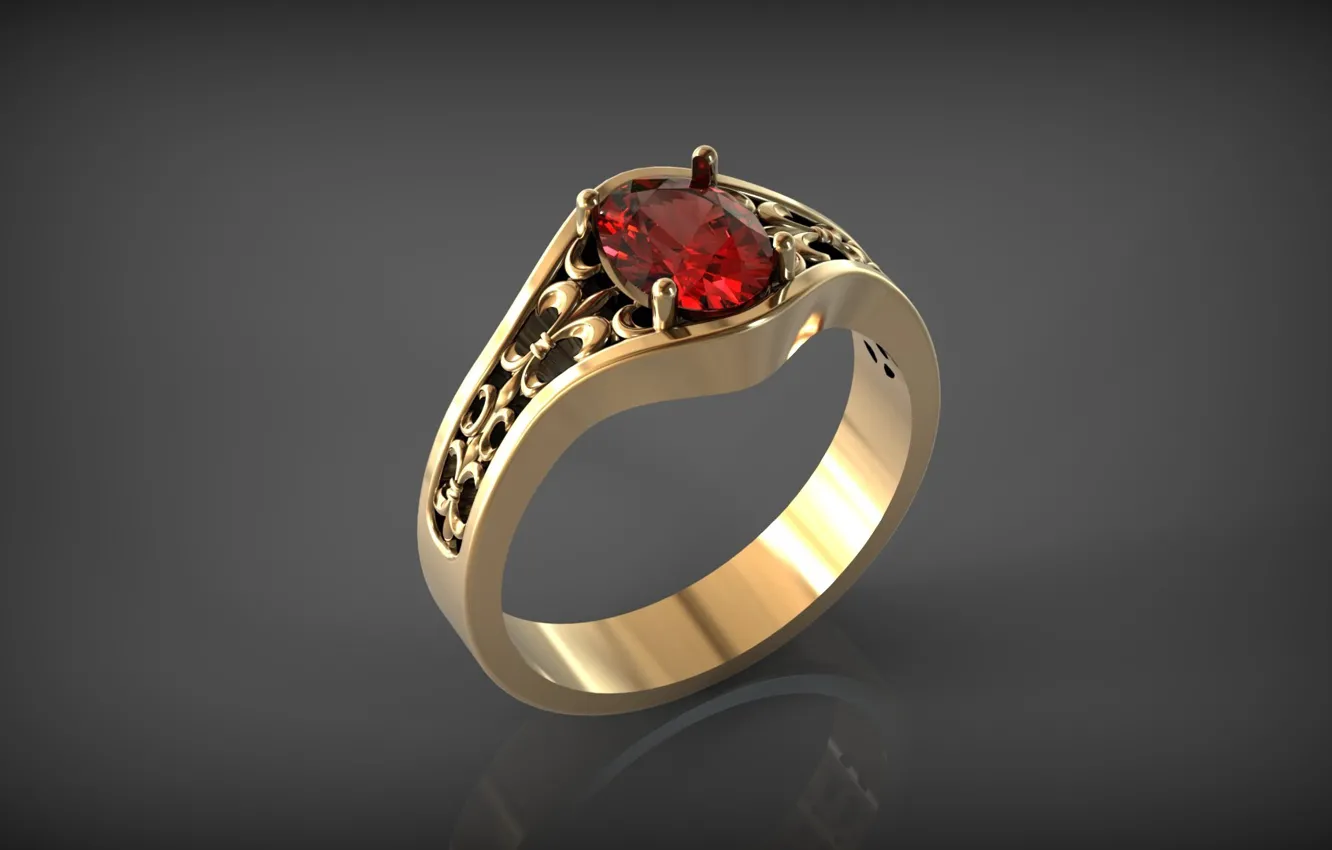 Фото обои отражение, фон, золото, перстень, драгоценный камень, Флер-де-Лис, блеск металла, кольцо с рубином