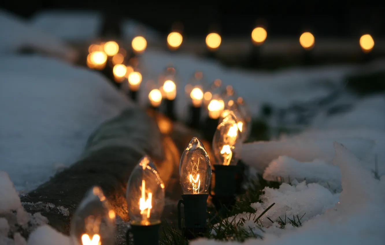 Фото обои зима, макро, снег, освещение, лампочки