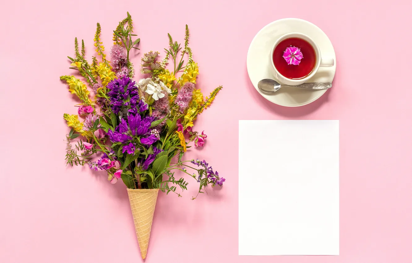 Фото обои цветы, фон, чай, рожок, вафельный