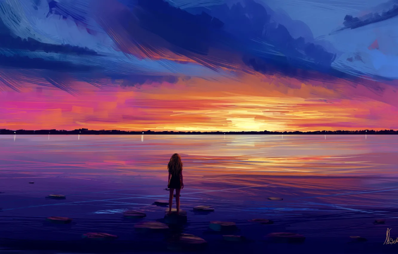 Фото обои girl, sky, sea, sunset, water, art, figure, clouds