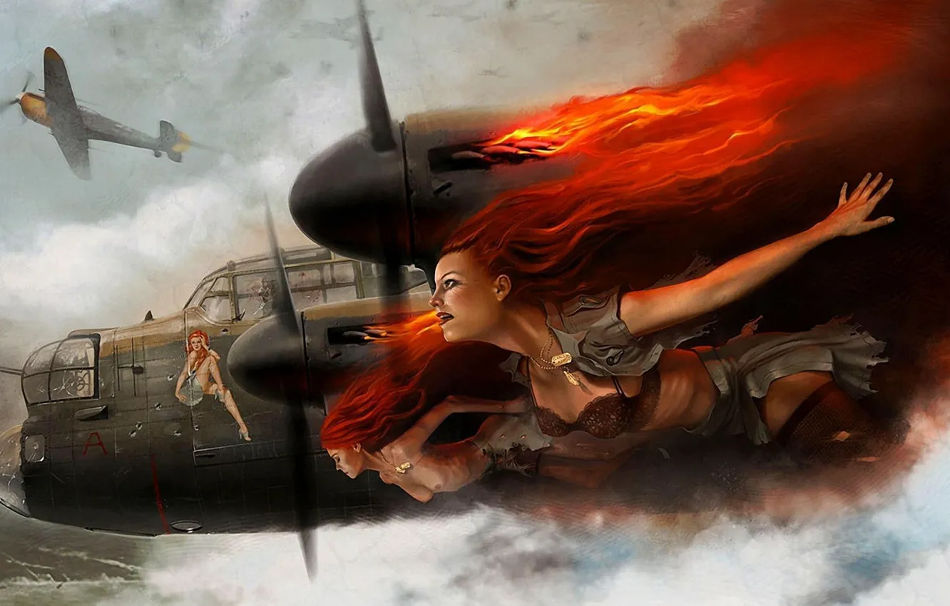 Фото обои грудь, небо, самолет, девушки, огонь, пламя, нижнее белье, жетон