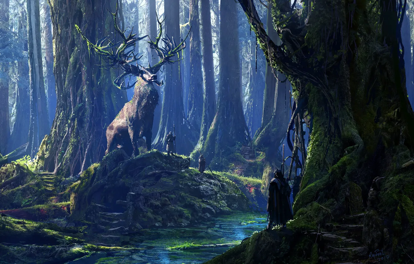 Фото обои лес, река, человек, зверь, Cernunnos and his Druids