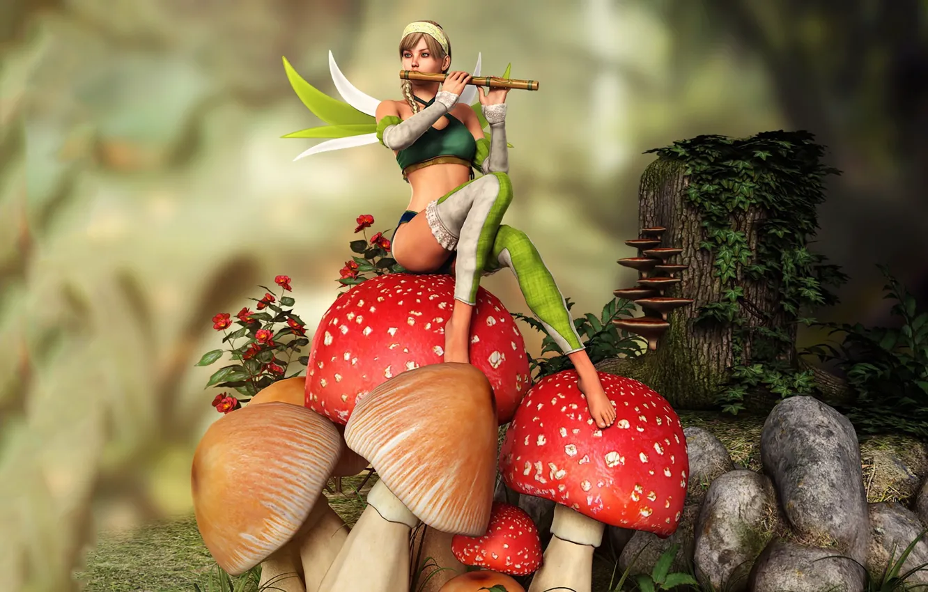 Фото обои девушка, грибы, фея, флейта