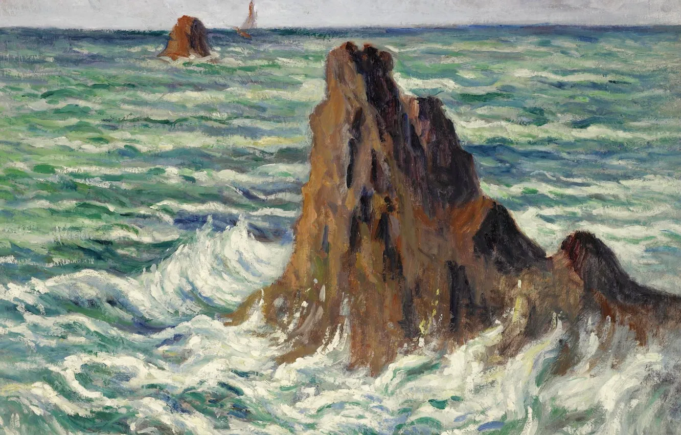 Фото обои скалы, картина, морской пейзаж, Максимильен Люс, Maximilien Luce, 1914-15, LocquIivy. The Reefs