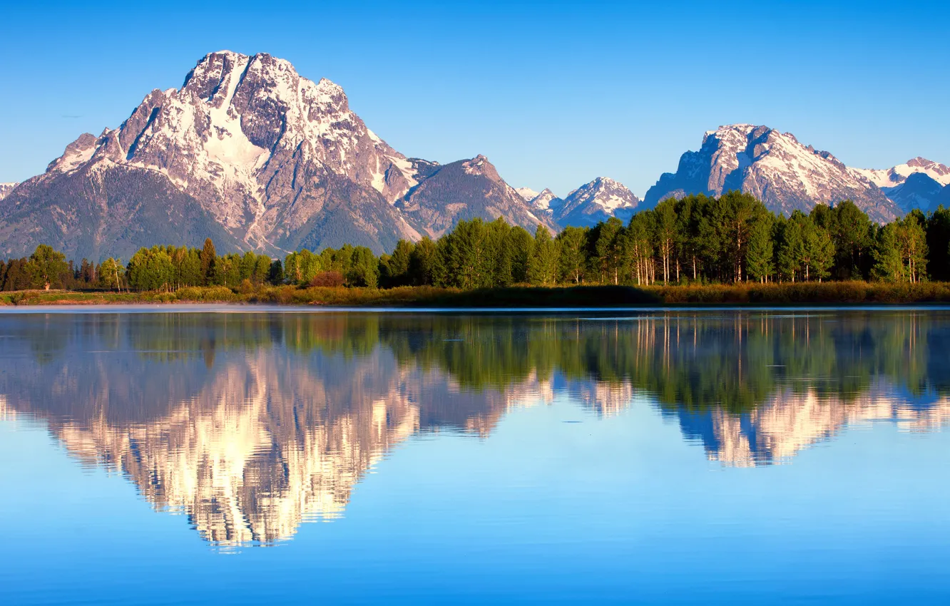 Фото обои снег, деревья, горы, озеро, гладь, отражение