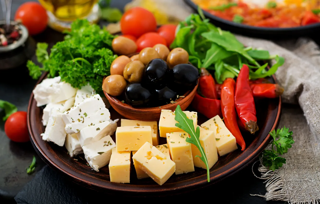 Фото обои сыр, перец, оливки, ассорти