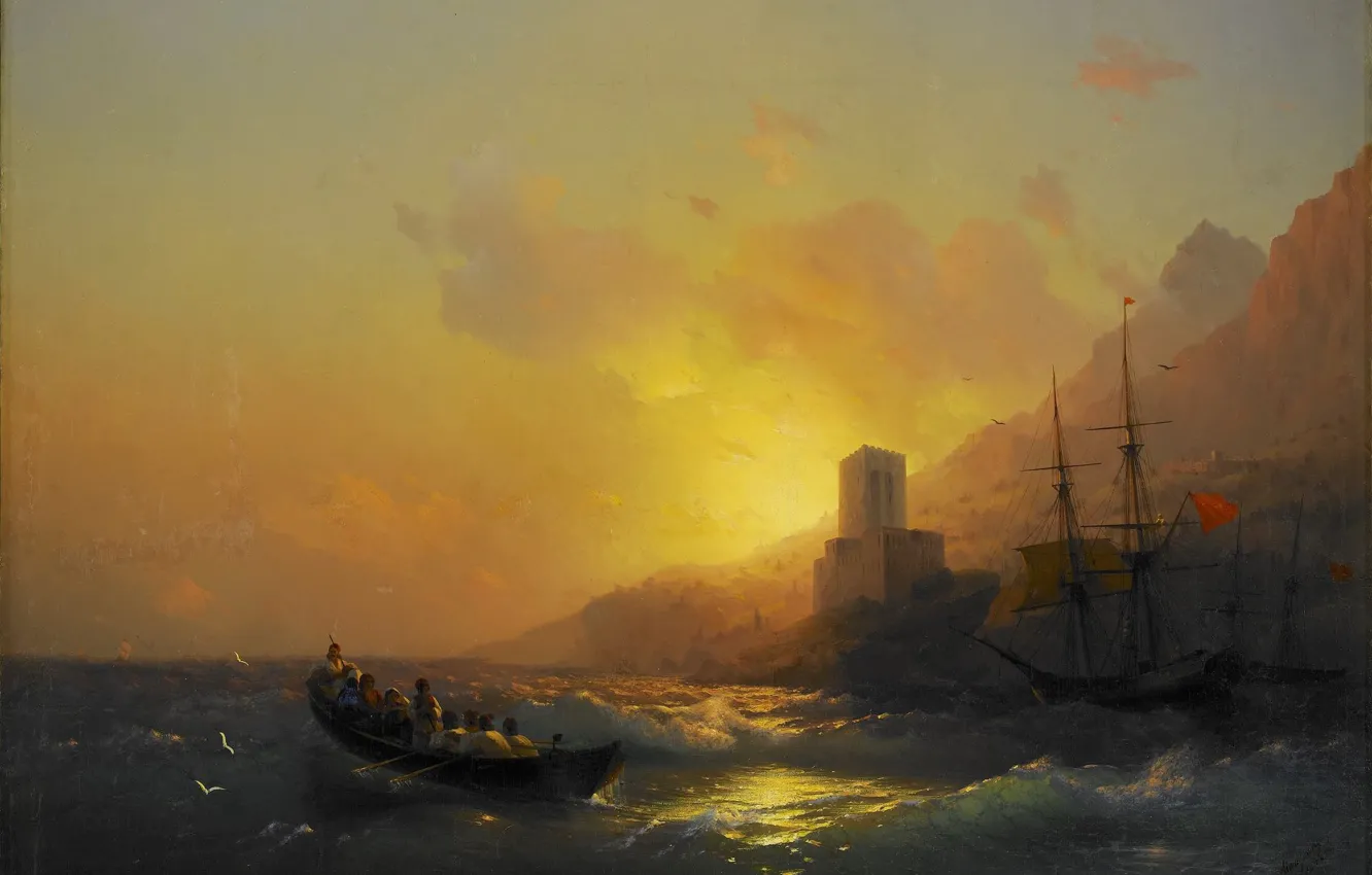 Фото обои лодка, башня, картина, морской пейзаж, Иван Айвазовский, Закат над Великой Лаврой на Горе Афон, 1846