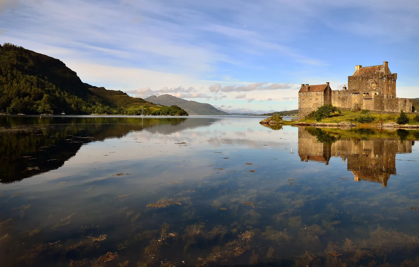 Фото обои горы, озеро, замок, берег, Шотландия, водоем