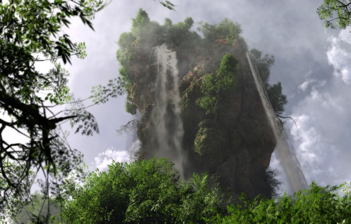 Фото обои деревья, пейзаж, природа, скала, листва, гора, водопад, арт