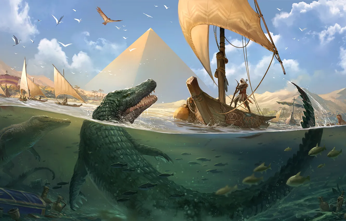 Фото обои game, man, Assassin's Creed, assassin, fish, boat, crocodile, pyramid