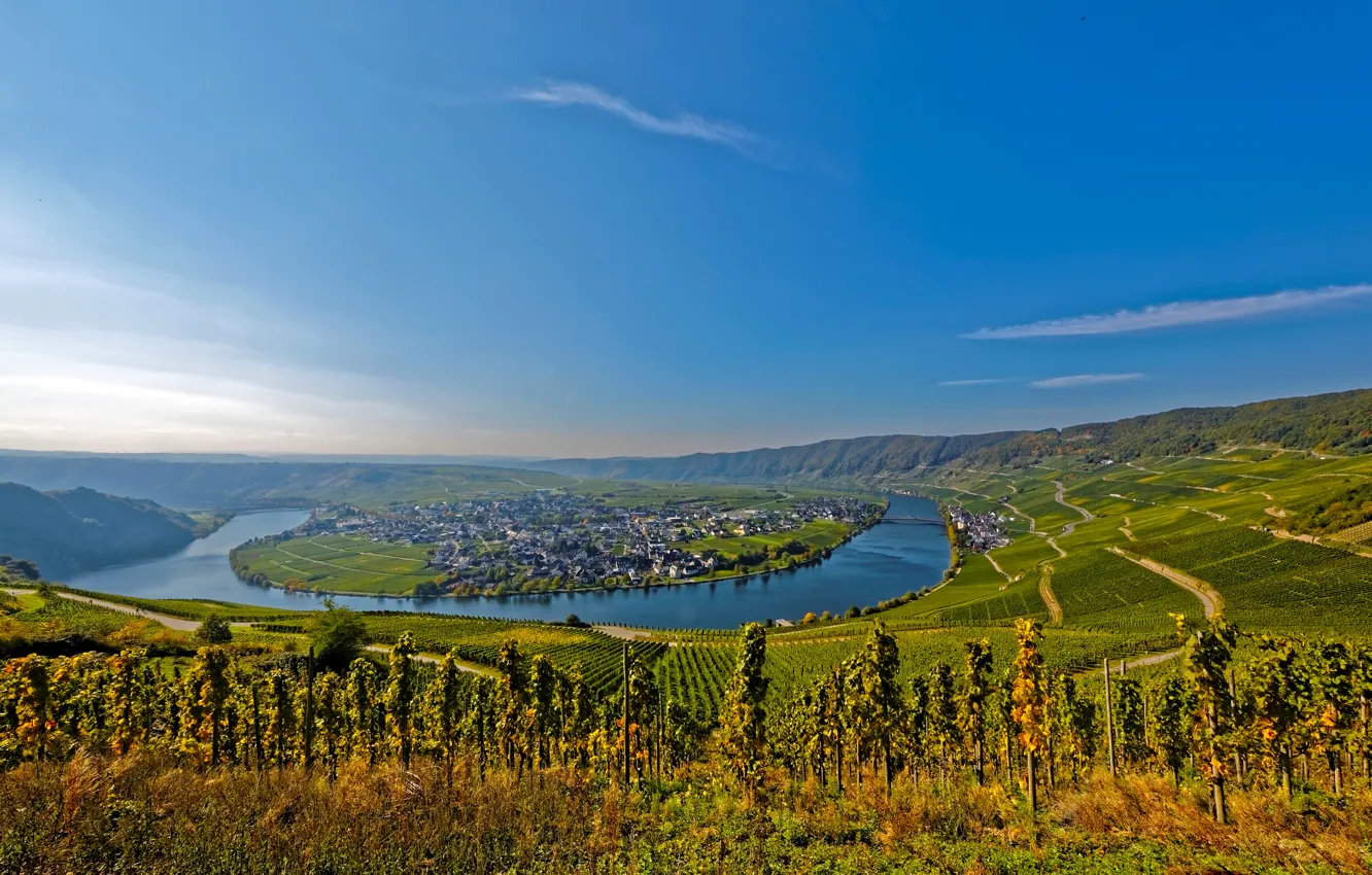 Фото обои небо, река, дома, Германия, виноградники, Писпорт, Piesport