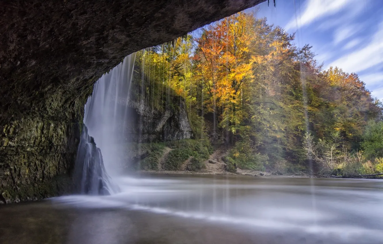 Фото обои осень, деревья, озеро, водопад, грот