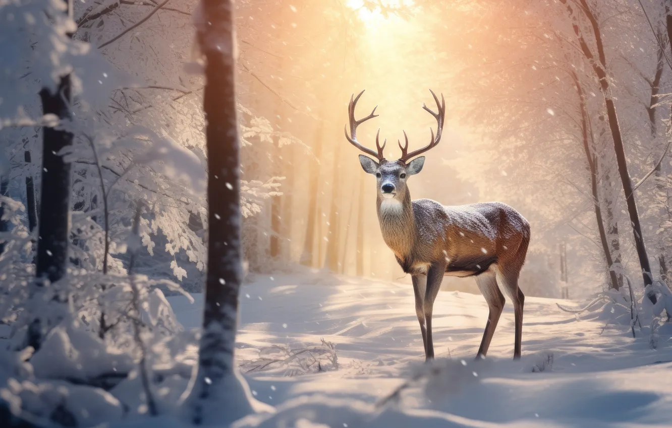 Фото обои зима, лес, свет, снег, деревья, природа, олень, Рождество