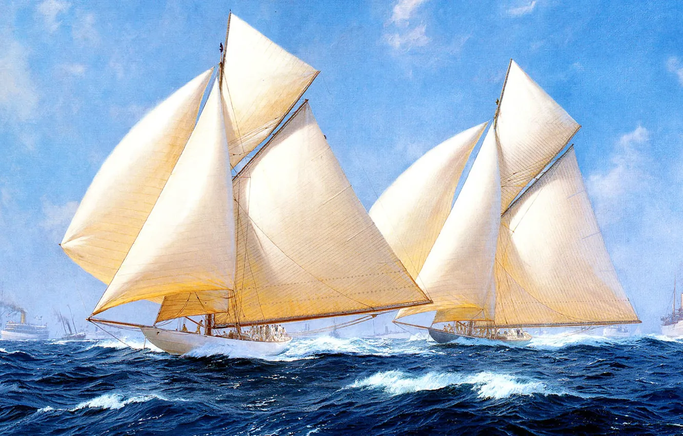 Фото обои волны, небо, облака, корабль, парусник, картина, яхты, бурное море