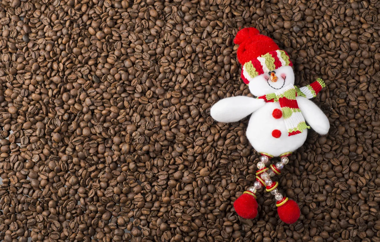 Фото обои зима, фон, праздник, шапка, игрушка, кофе, Рождество, Новый год