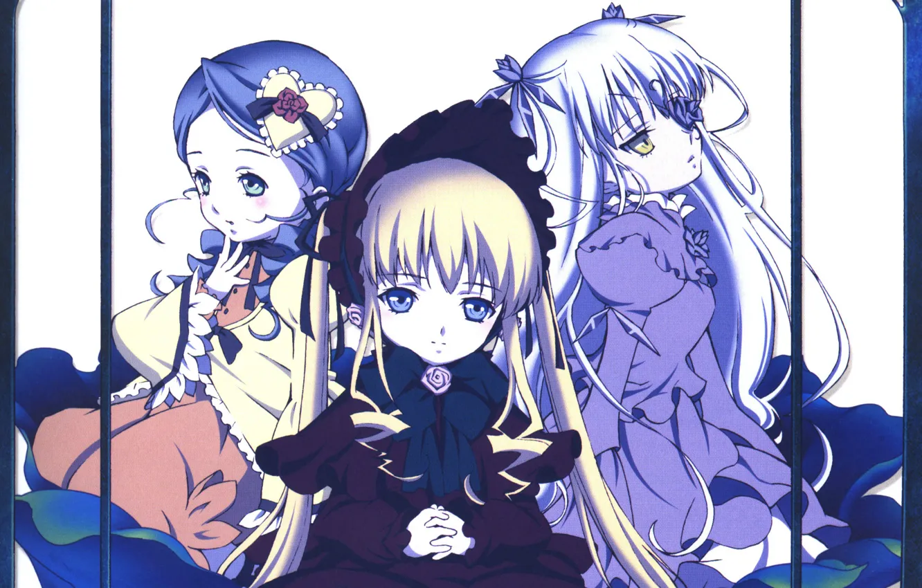 Фото обои куклы, rozen maiden, трое, shinku, kirakishou, капор, kanaria