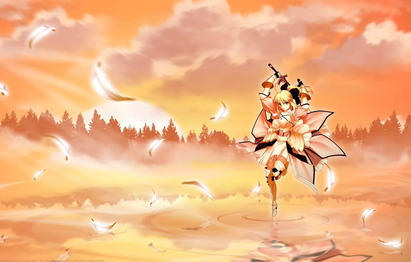 Фото обои лес, девушка, закат, меч, аниме
