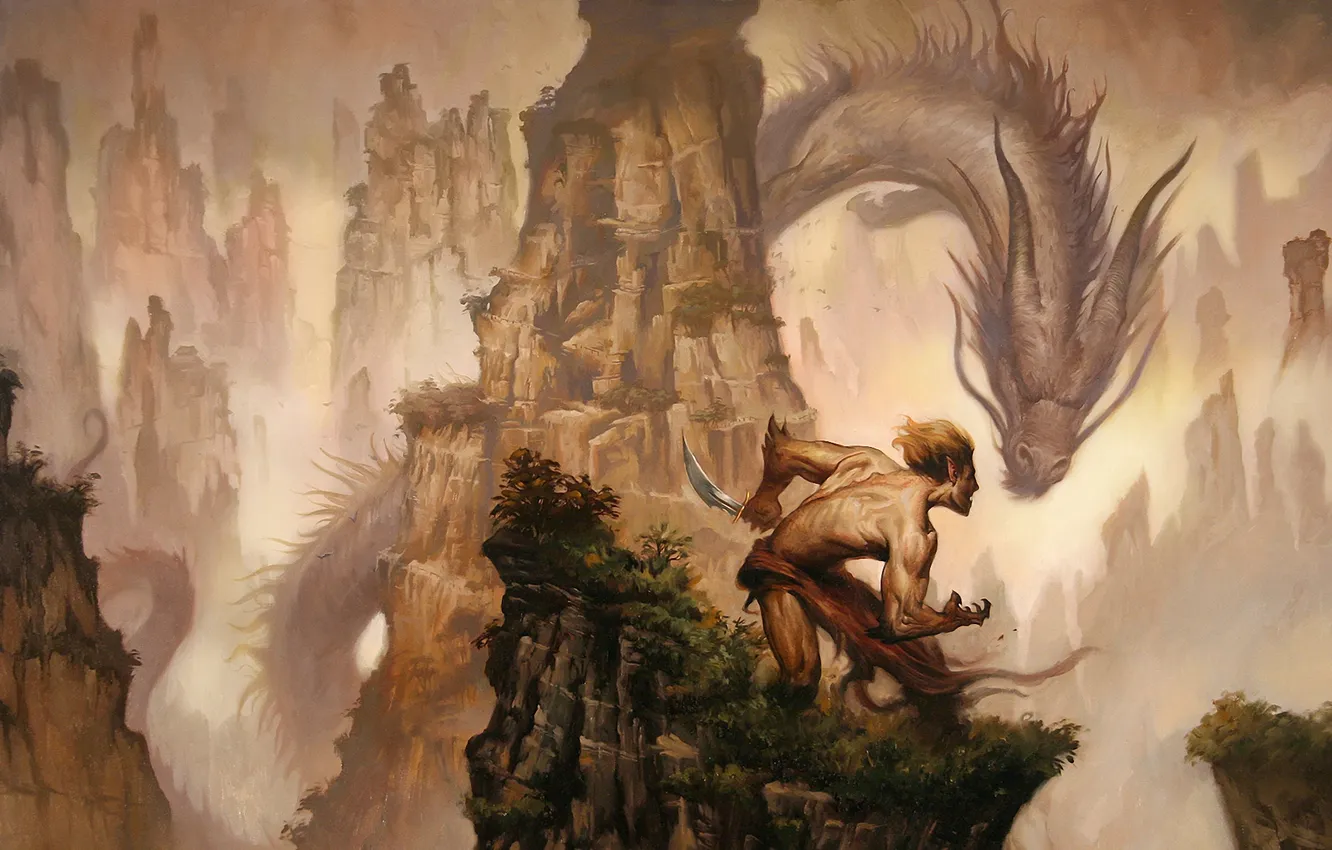 Фото обои горы, дракон, когти, кинжал, мужчина, Арт