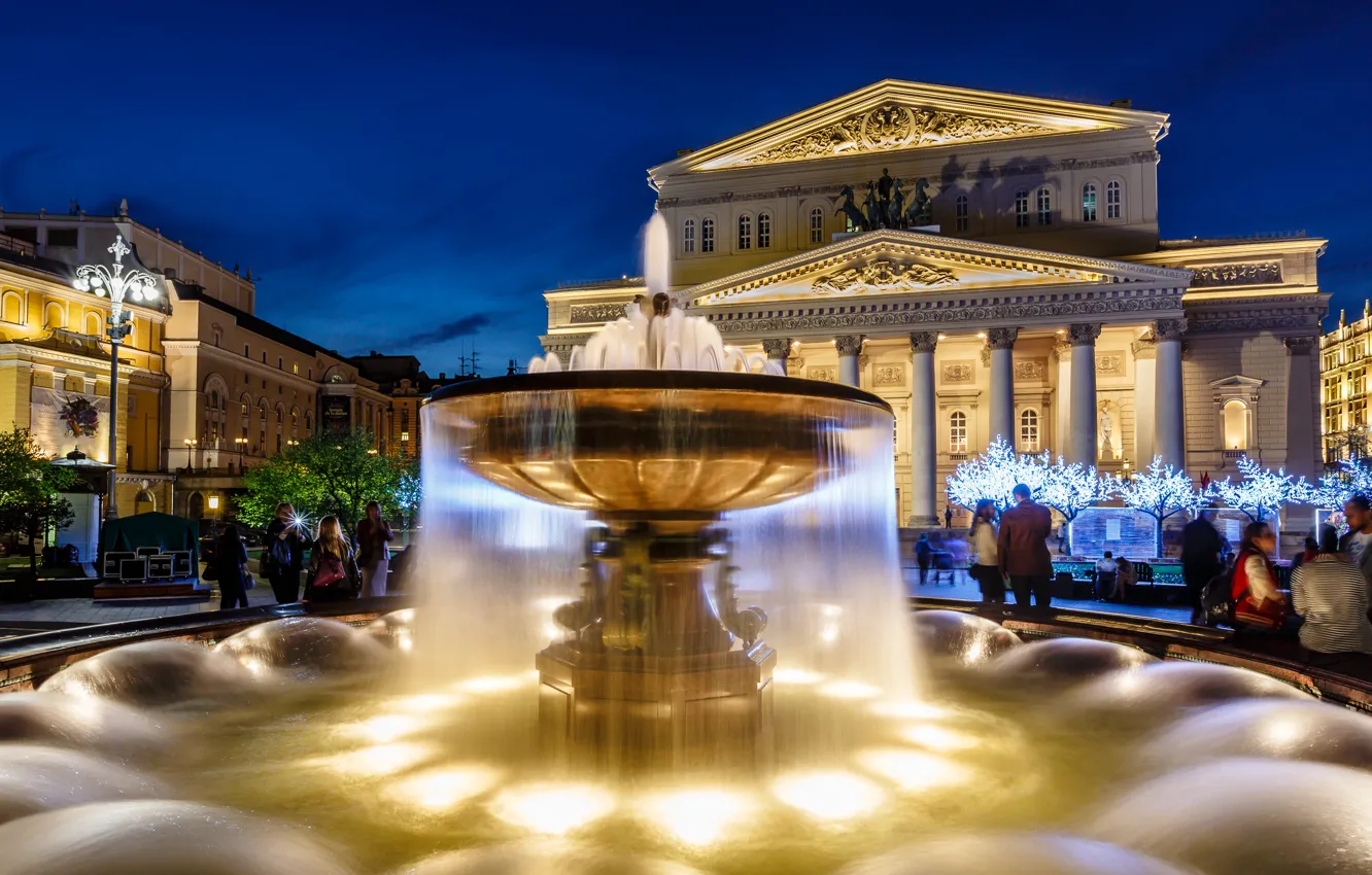 Фото обои Москва, фонтан, Россия, иллюминация, Большой театр