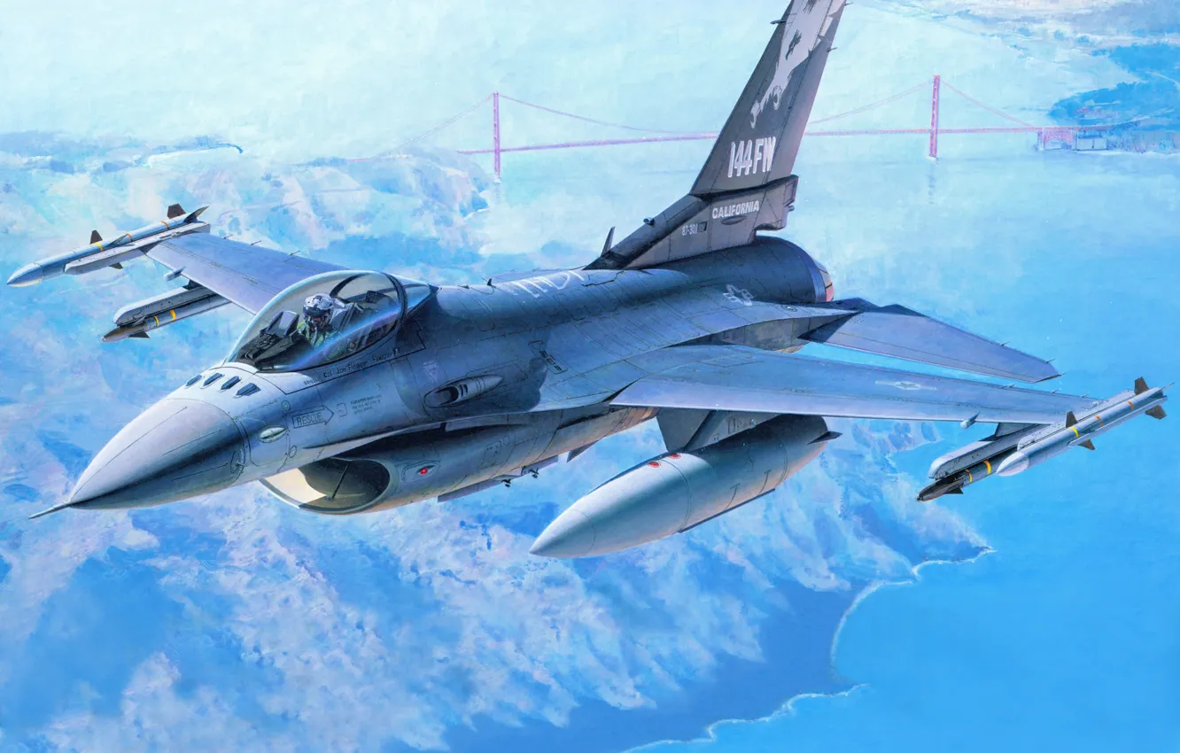 Фото обои авиация, истребитель, арт, Сан-Франциско, самолёт, американский, F-16, ВВС США