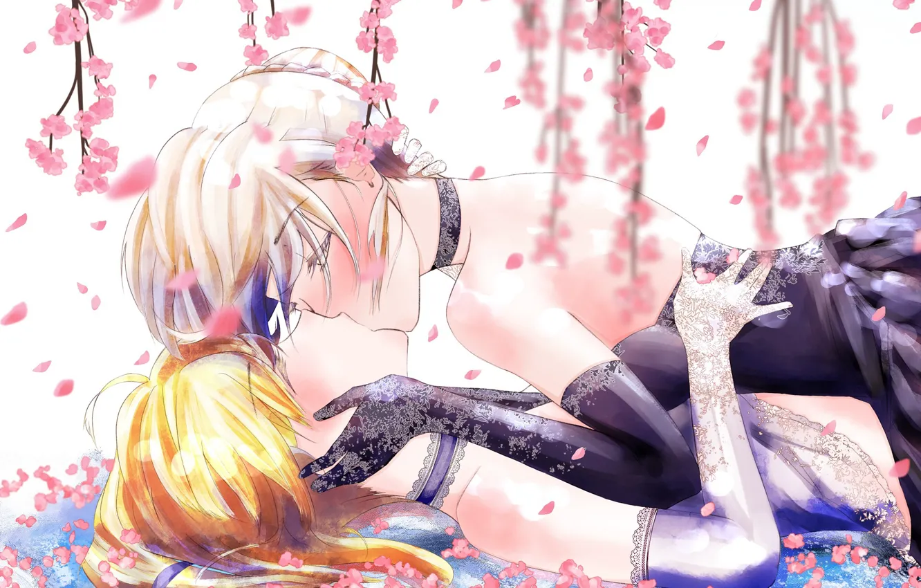 Фото обои цветы, девушки, поцелуй, сакура, Fate / Grand Order, Судьба великая кампания