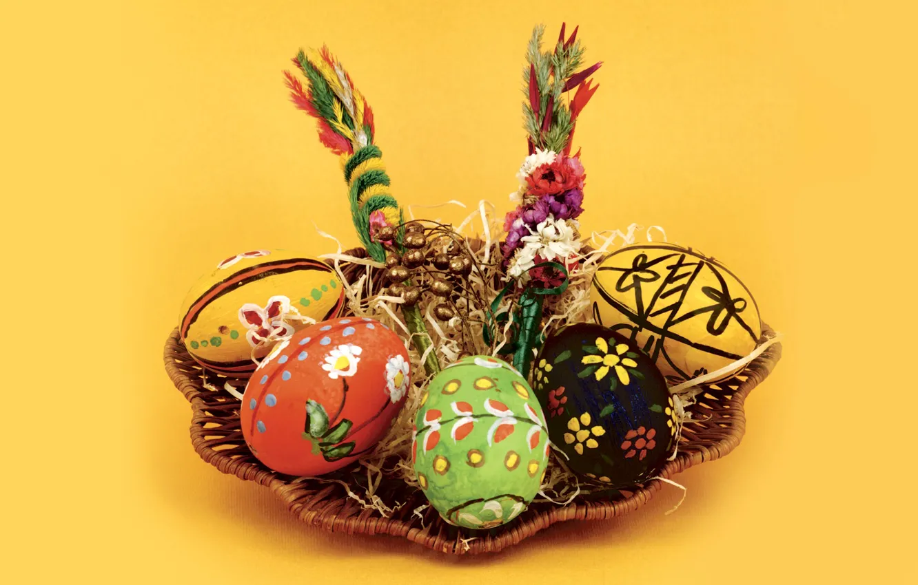 Фото обои яйца, Пасха, корзинка, писанка