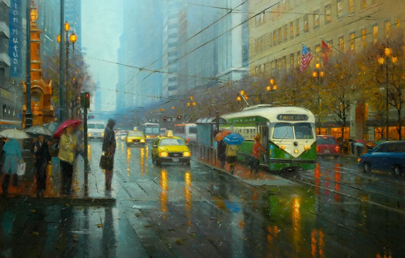 Фото обои дорога, город, огни, люди, дождь, улица, провода, картина