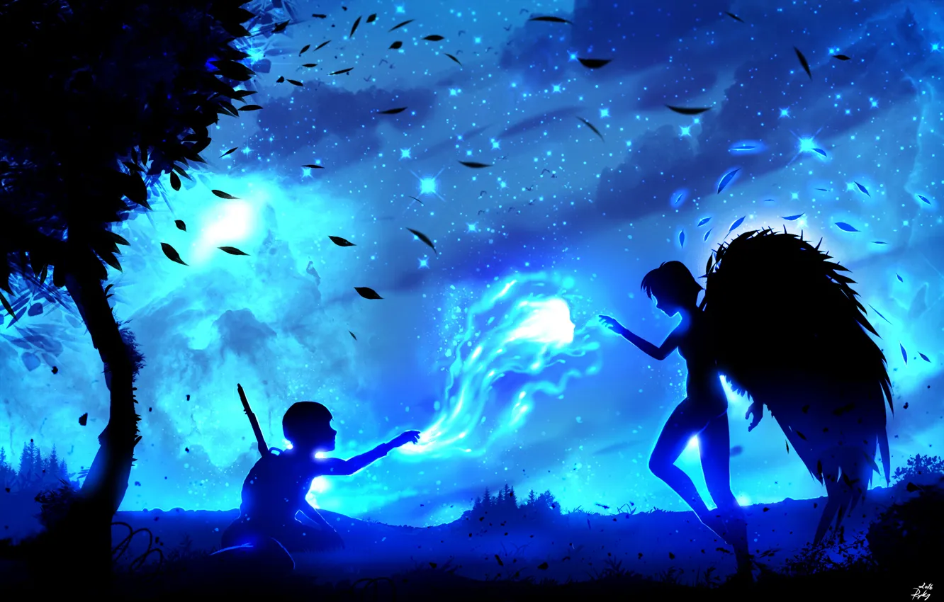 Фото обои девушка, звезды, ночь, ветер, листва, крылья, ангел, дух